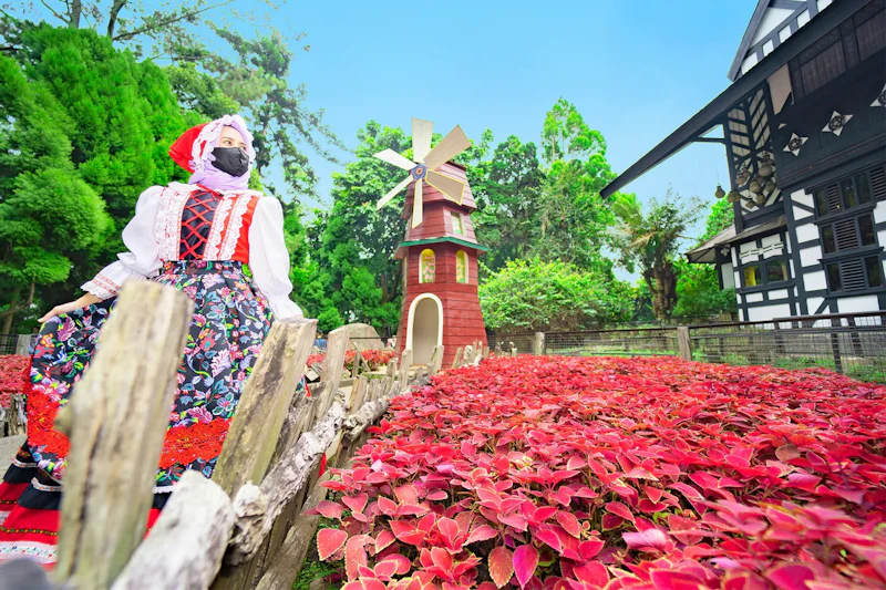 A person in traditional attire stands near a wooden fence by a garden with red foliage and a small windmill in the background.