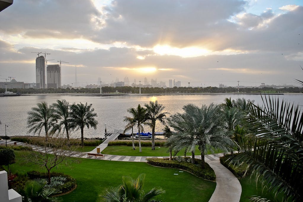 Sunset over a cityscape with tall buildings, a river, palm trees, and a manicured lawn with winding paths in the foreground.