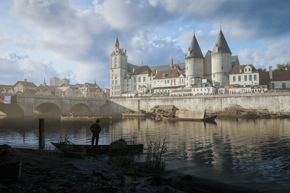 A medieval riverside scene with a castle, boats on the water, and a figure standing on the riverbank under a cloudy sky.