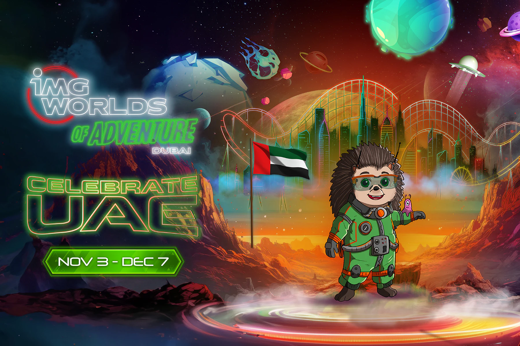A space-themed illustration of a hedgehog in a spacesuit, with the UAE flag, planets, and Dubai's skyline in the background.