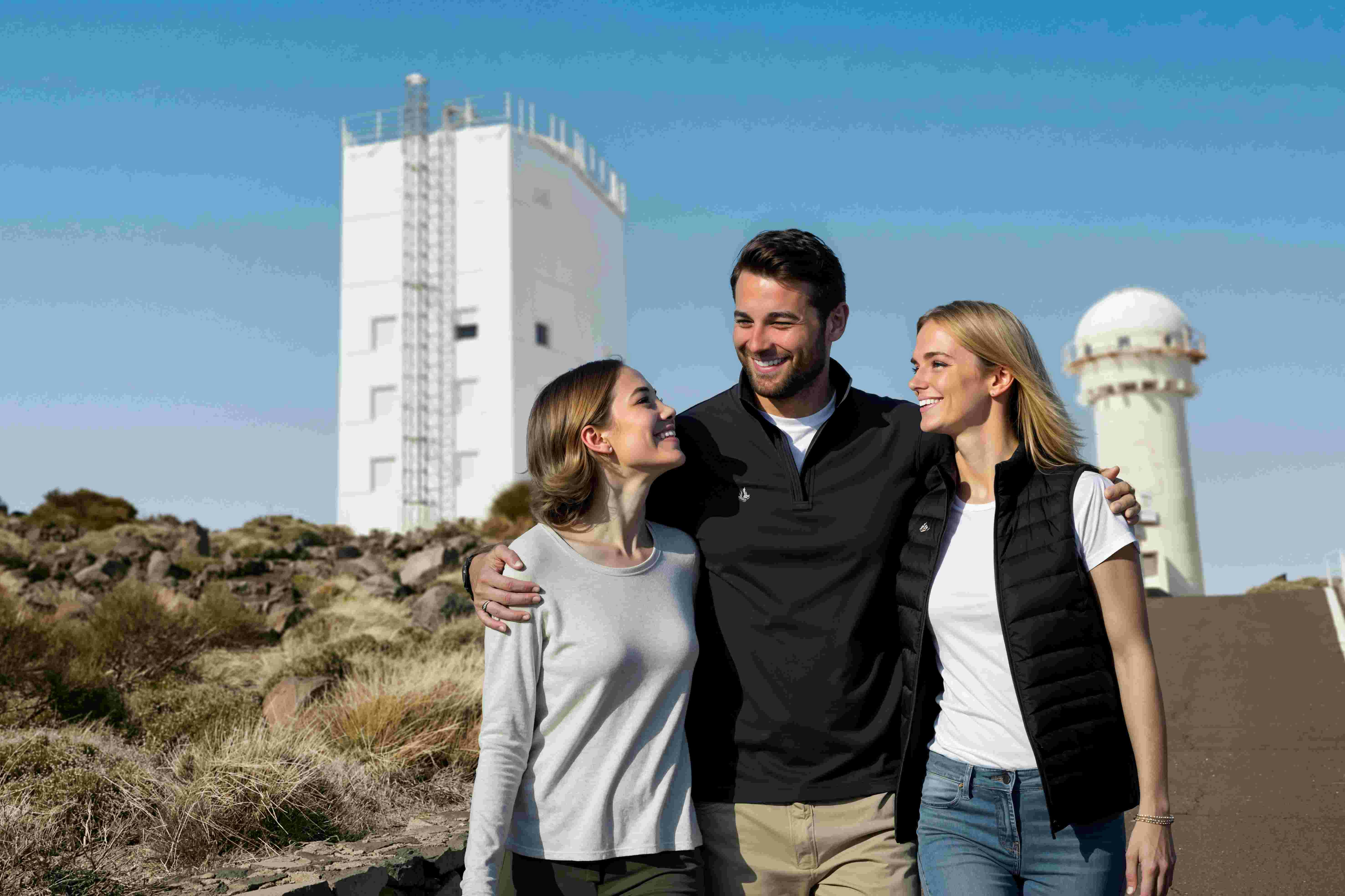 三个人，两个女人和一个男人，在白色建筑附近微笑着拥抱户外，背景是蓝天。