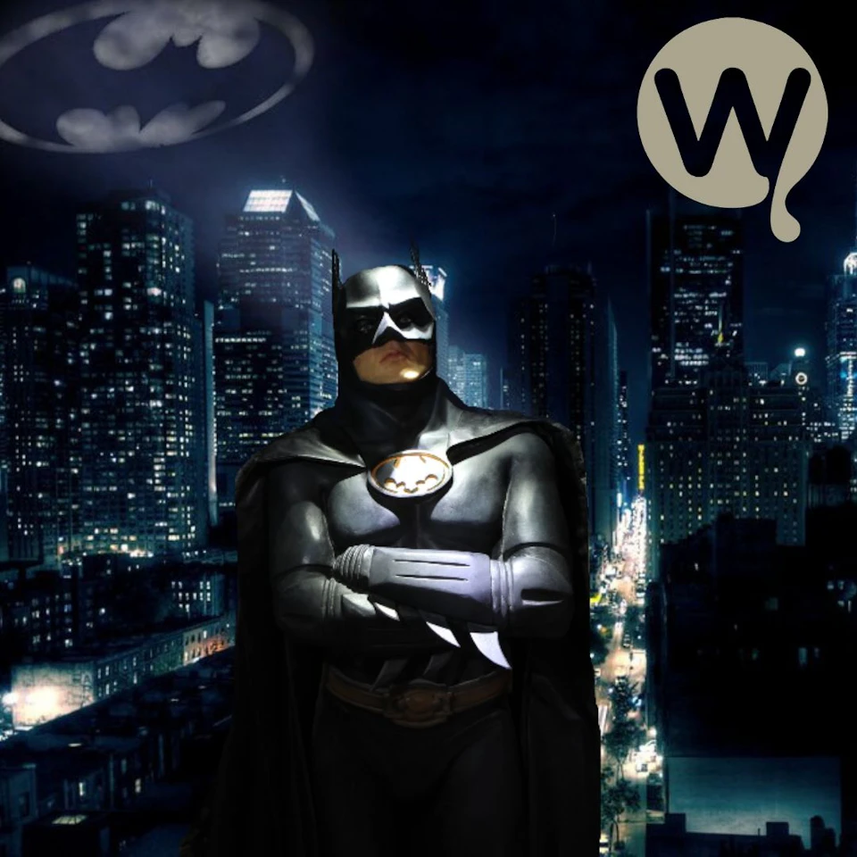 A person in a Batman costume stands against a nighttime cityscape with a bat signal and a "W" logo in the sky.