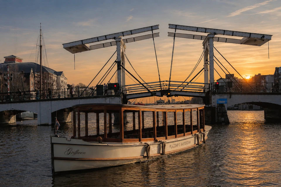 A wooden boat on a canal near a raised white drawbridge at sunset, with buildings and a warm sky in the background.