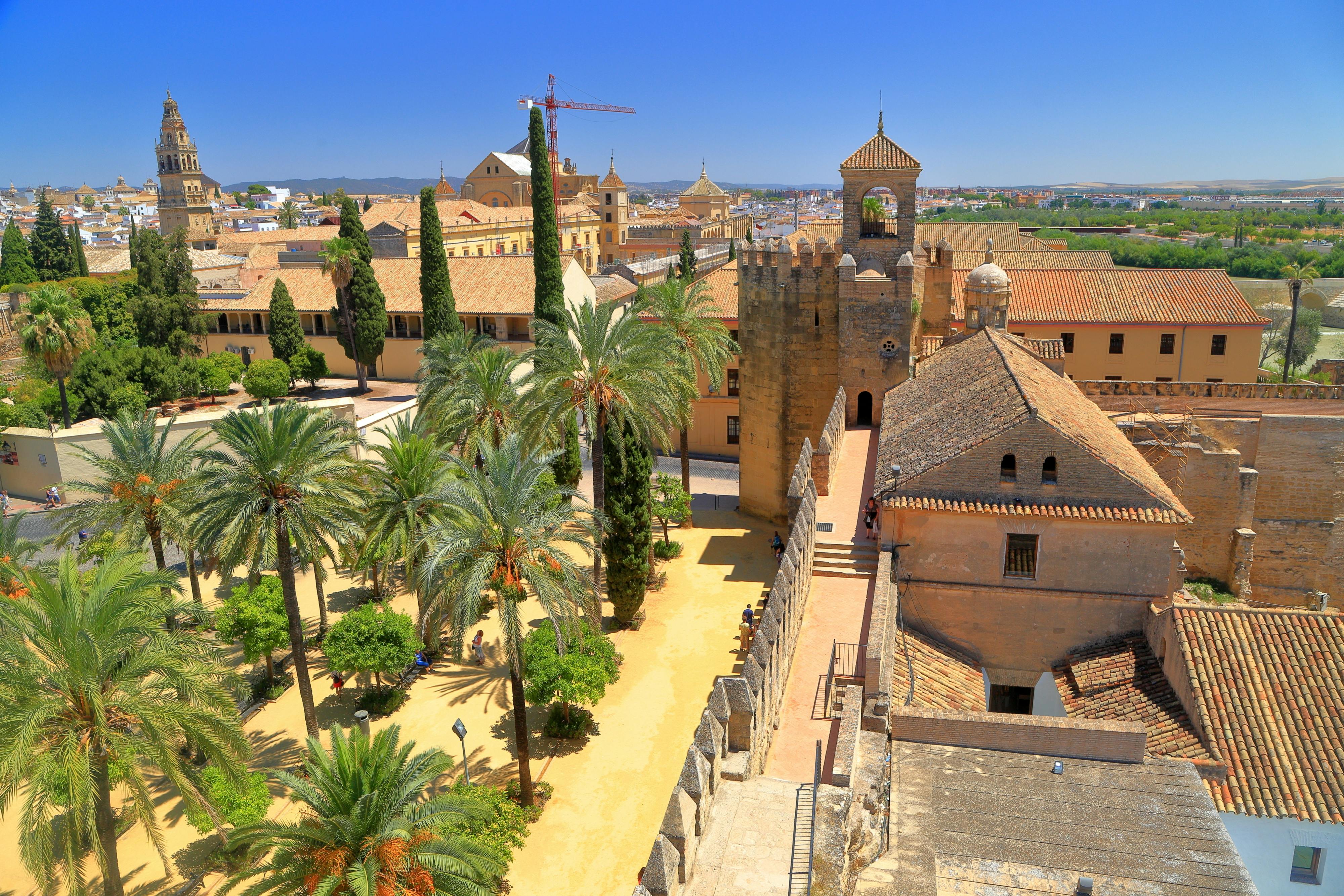 Stone tower, palm trees, and historic buildings under a clear blue sky. People walking along the pathway within the courtyard.