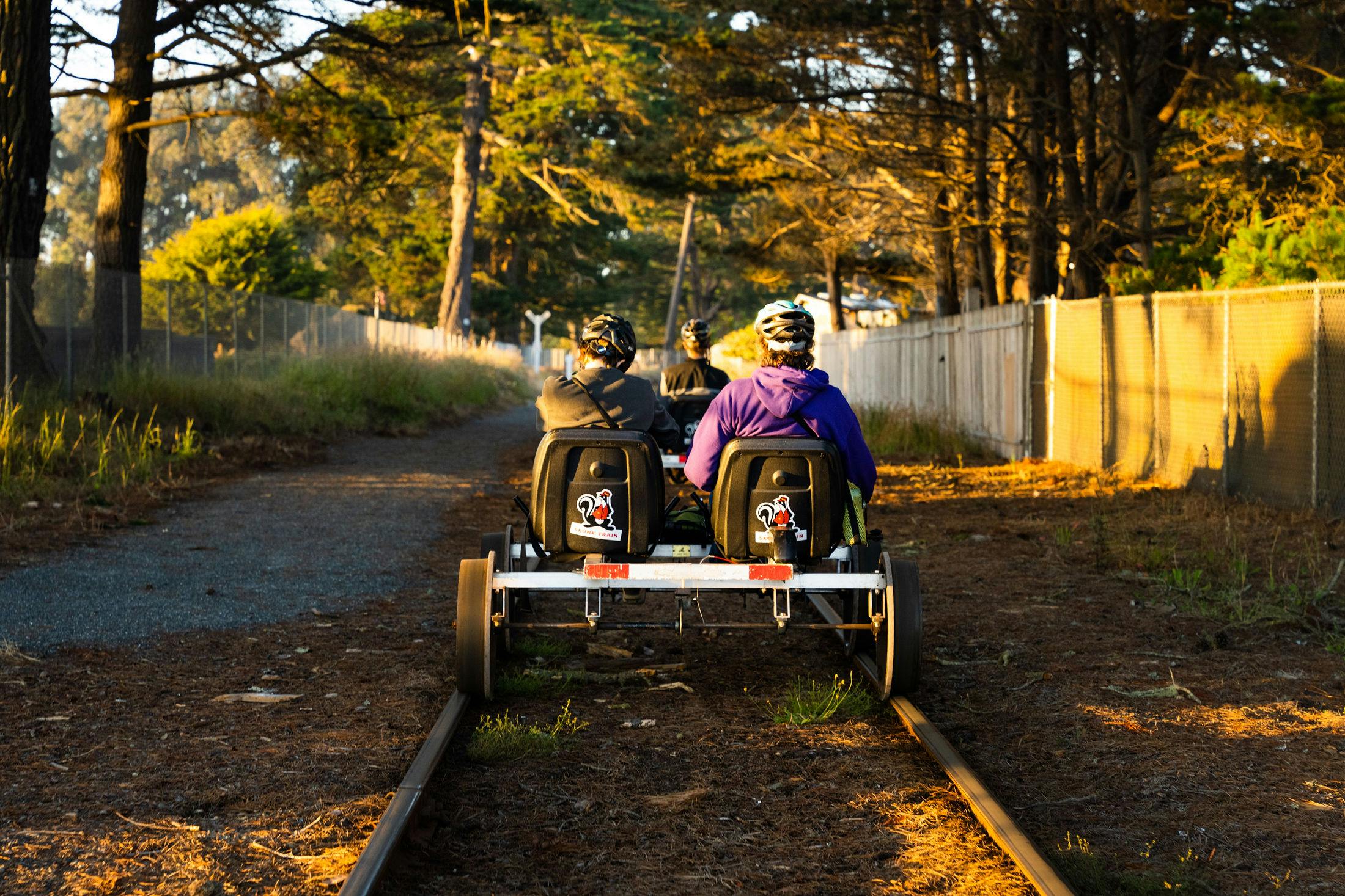 Due persone con il casco guidano un veicolo ferroviario su binari circondati da alberi e da una recinzione in un'area boschiva.