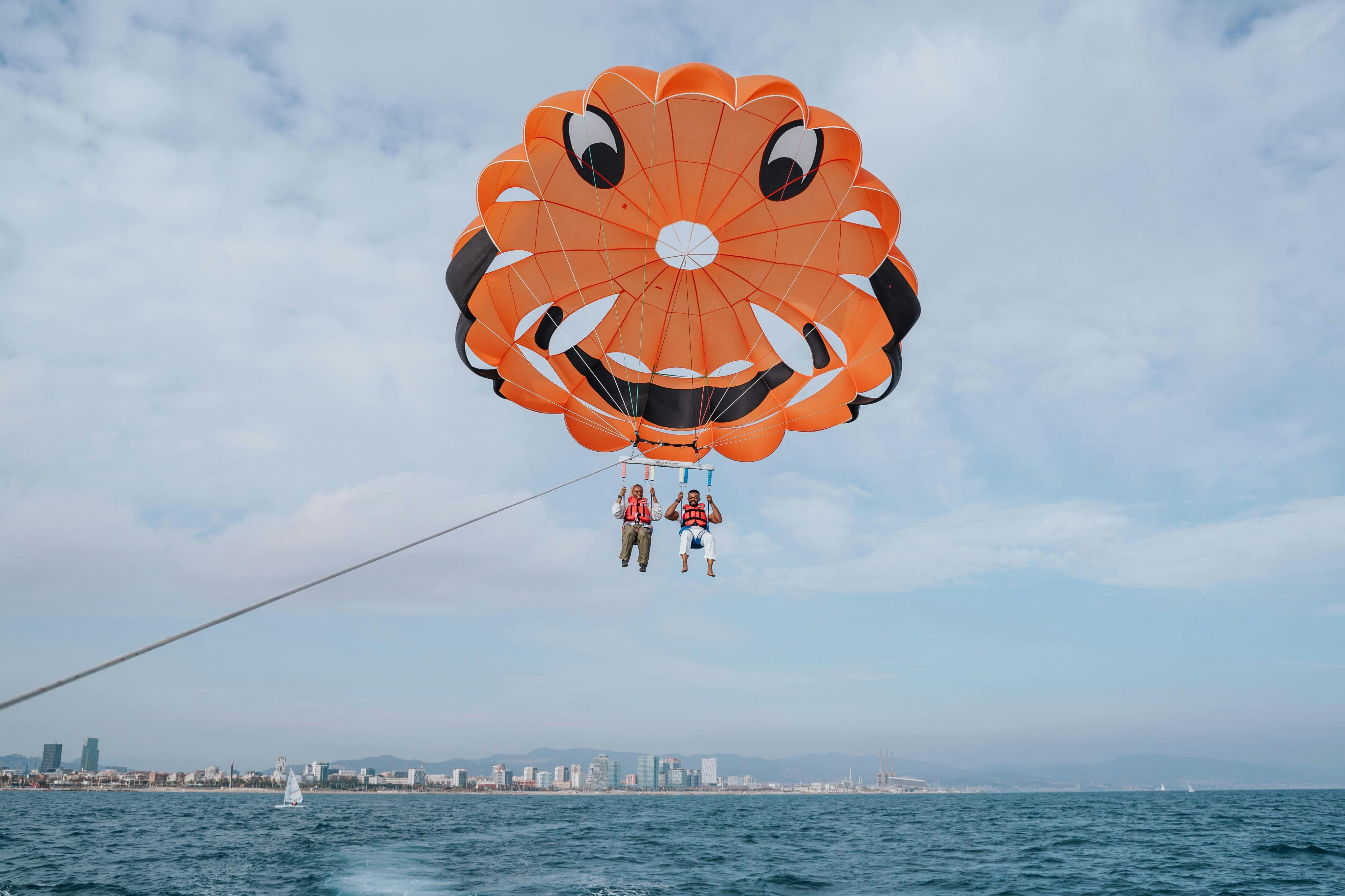 Happy customers disembarking from their flight in the skies above Barcelona, ready for landing.