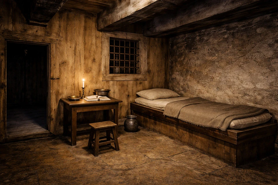 A rustic room with a wooden bed, a small table with a lit candle, books, and a stool, featuring a barred window.
