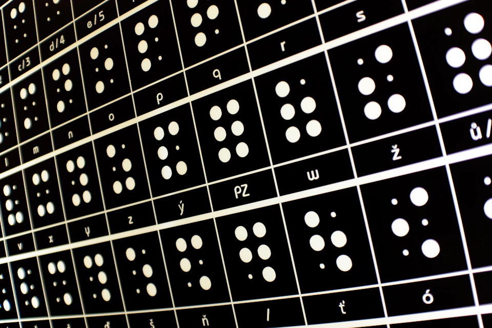 A close-up of a Braille alphabet chart displaying letters and symbols in white dots on a black background.