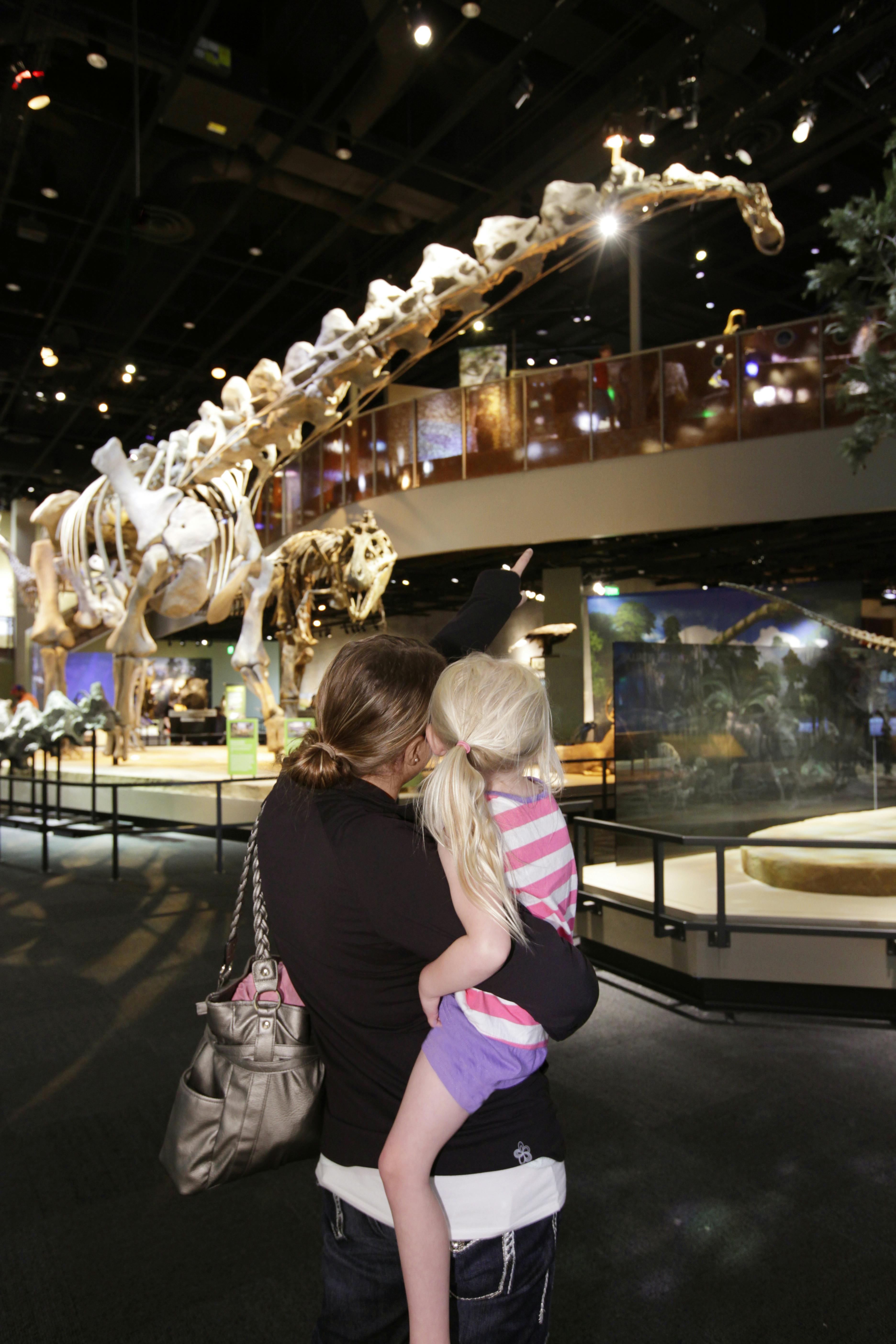 一位女士抱着孩子，指着博物馆内的一具大型恐龙骨架。