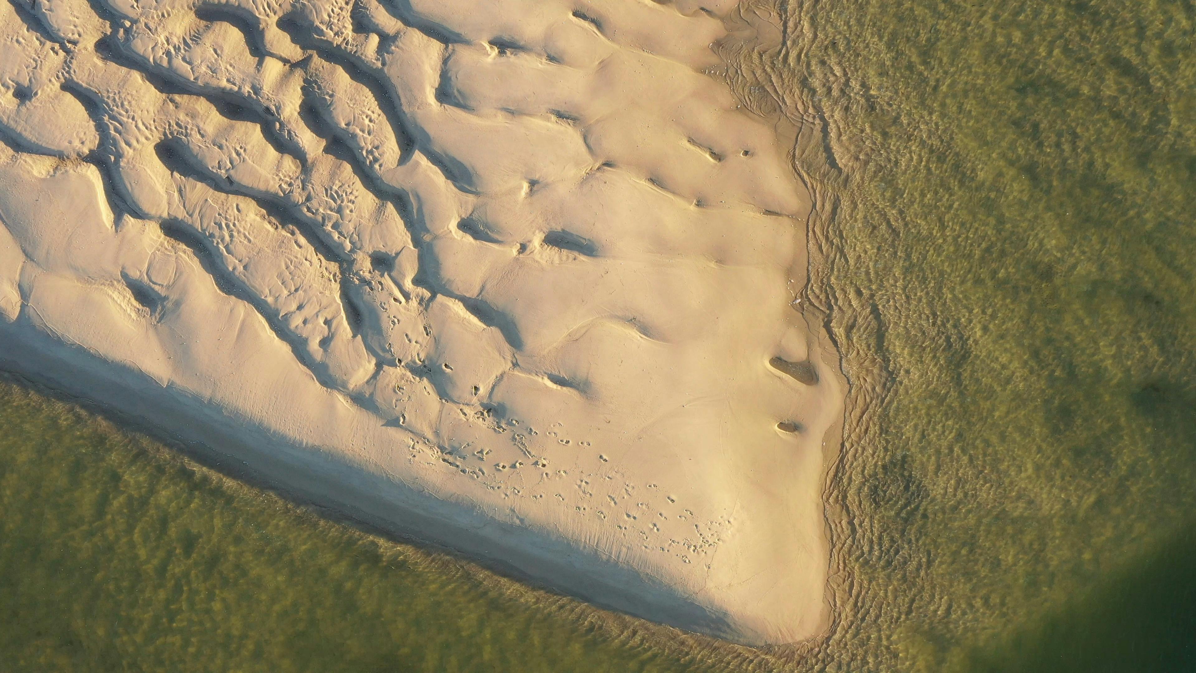 Εναέρια άποψη αμμώδους παραλίας με ανεμογλυφικά μοτίβα και πατημασιές, δίπλα σε πρασινωπά νερά.
