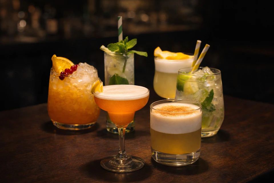 A selection of colourful cocktails served in various glasses on a dark wooden surface, garnished with fruit and herbs.
