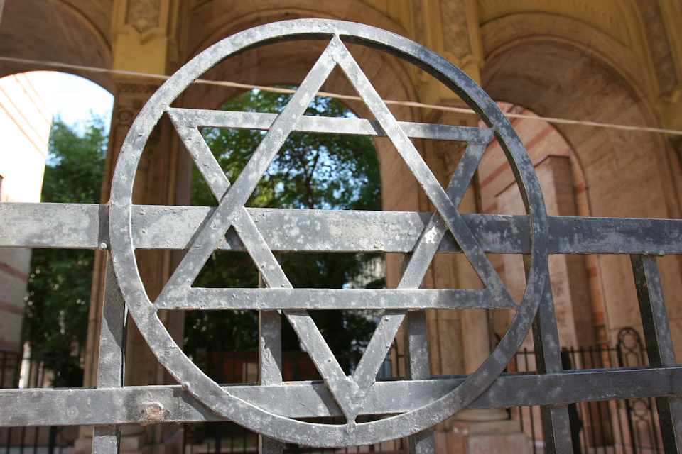 A metal Star of David is mounted on an ornate gate with an arched building entry and trees visible in the background.
