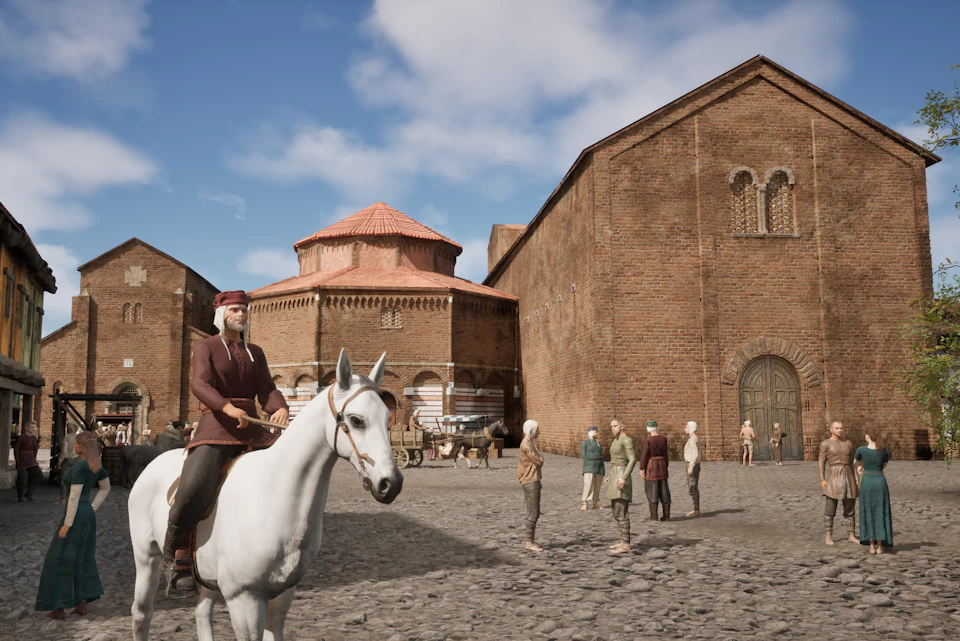 A historical scene depicting a man on a white horse and people standing near brick buildings under a blue sky.