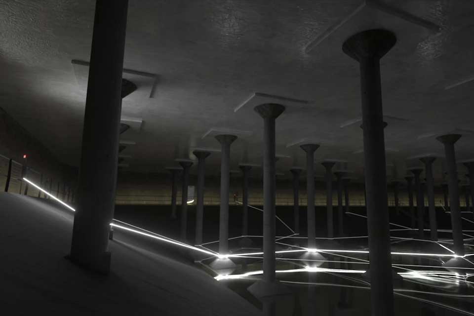 A dimly lit underground structure with concrete columns, reflective water, and illuminated lines creating a modern aesthetic.