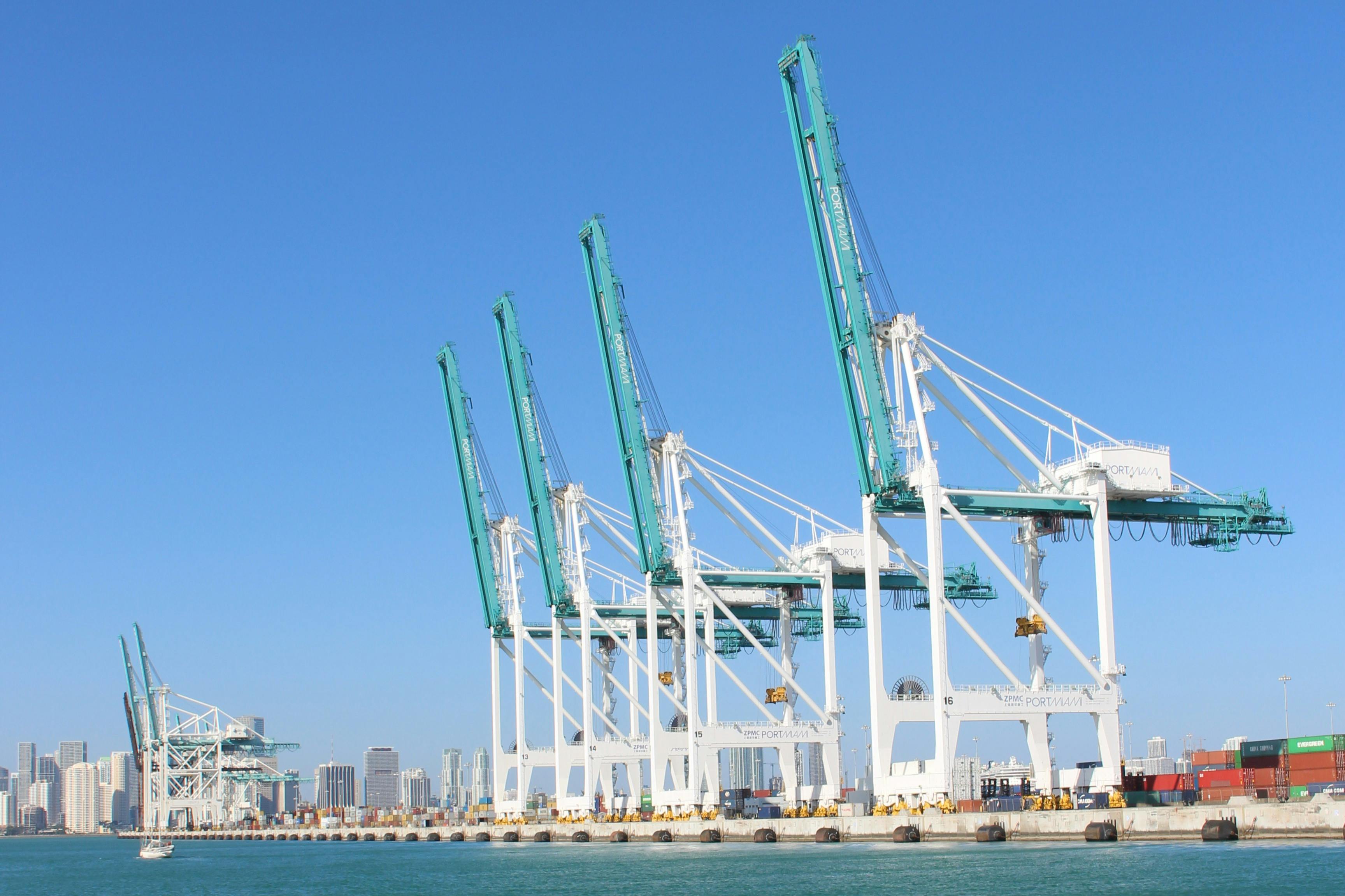 Large white and green cranes line a dock with a city skyline in the background under a clear blue sky.
