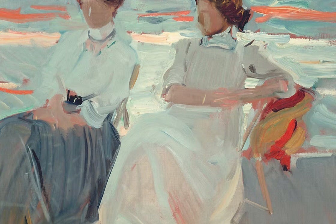An impressionistic painting of two women sitting outdoors, one in a white dress, the other in a dark skirt, with a colorful background.