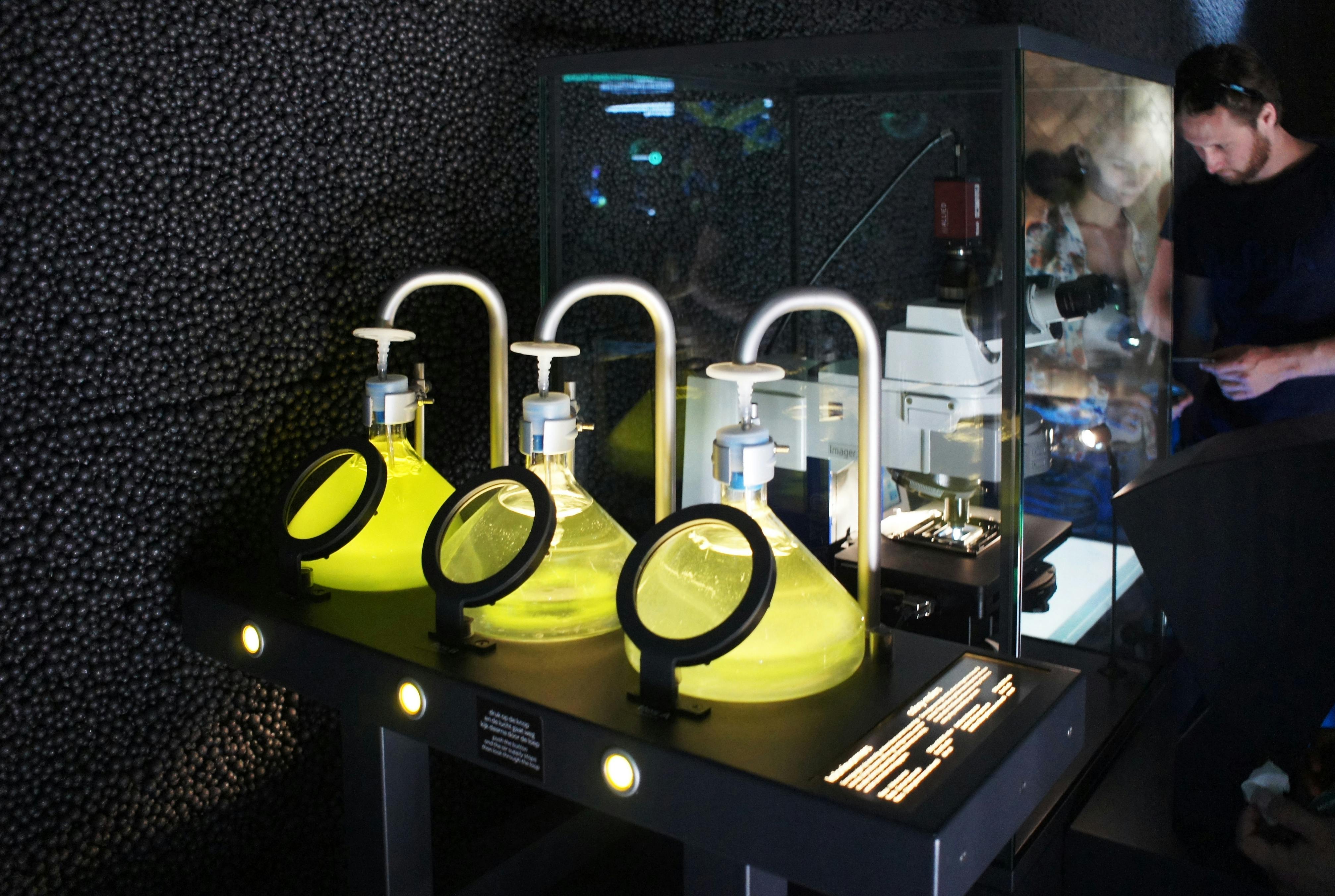 Три большие колбы с ярко-желтой жидкостью и увеличительными линзами, сложное лабораторное оборудование и человек на заднем плане.