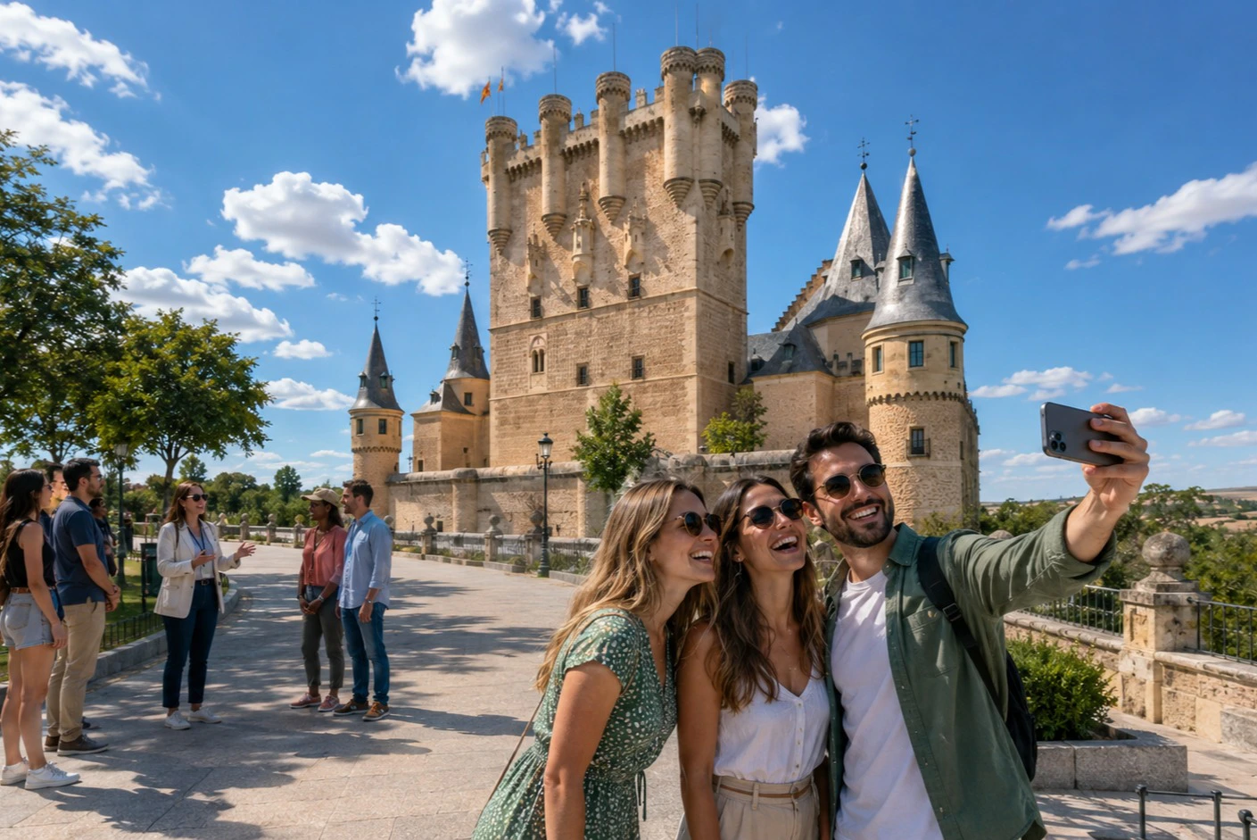Three people taking a selfie in front of a historic castle under a sunny blue sky.