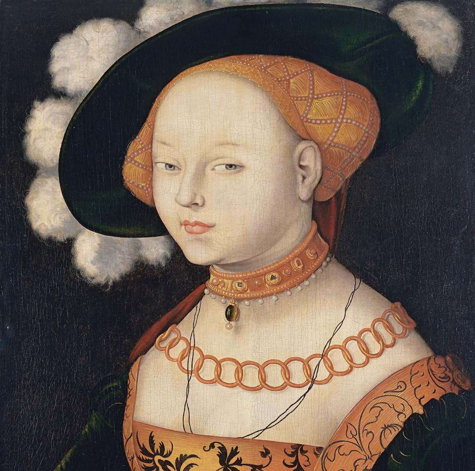 A woman wearing an ornate dress, pearl necklace, and a large hat adorned with white feathers, depicted in a classical painting style.