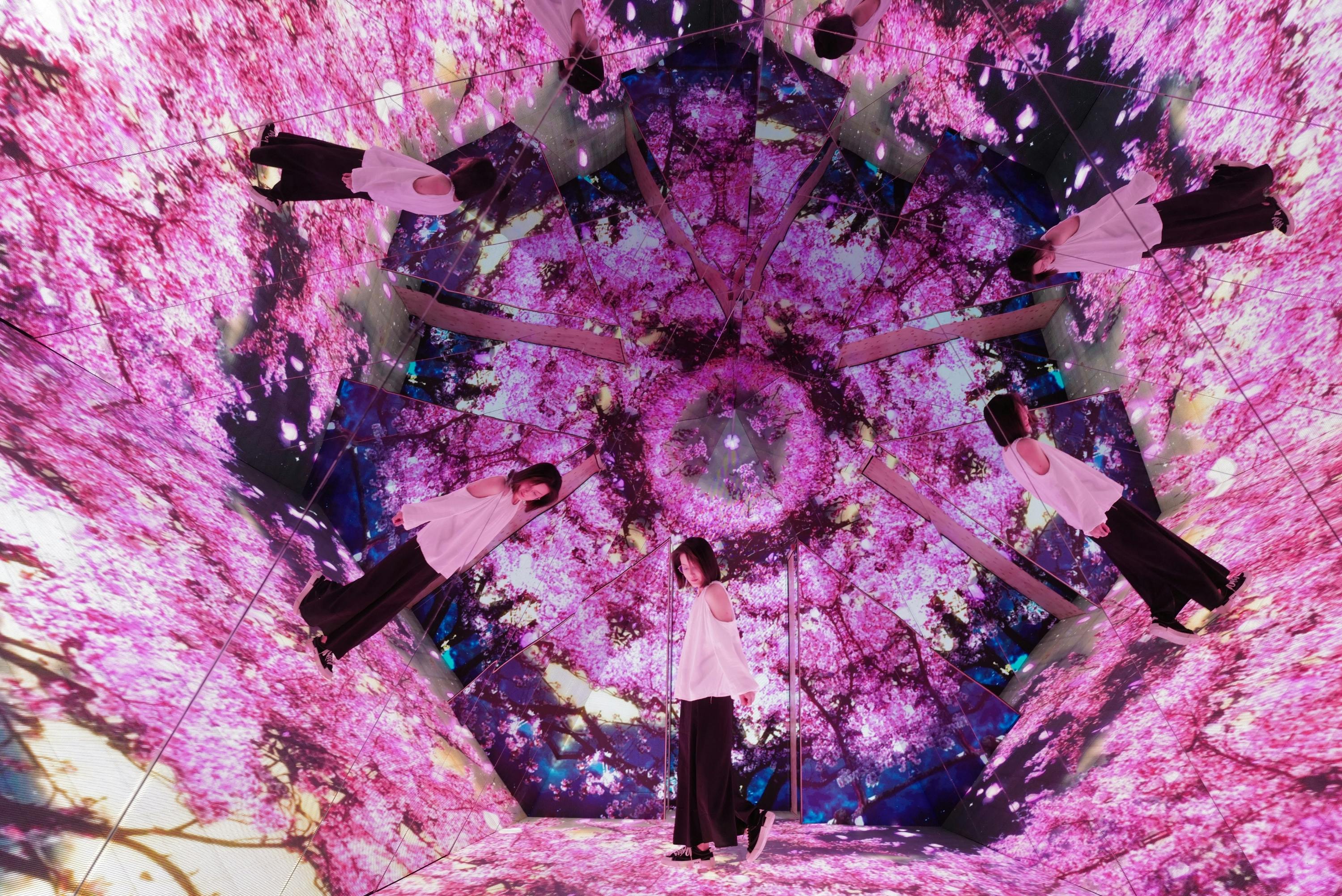 ピンク色の花柄の万華鏡模様が壁と天井に映し出された鏡の部屋に立っている人物。