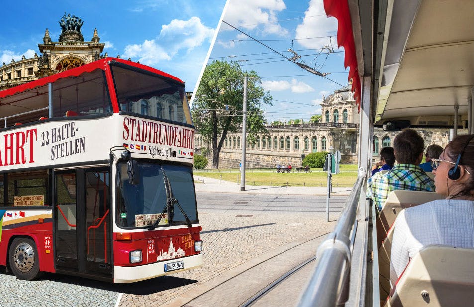 Split image: a red double-decker tour bus in front of an ornate building; view from a tram with passengers and a red awning.