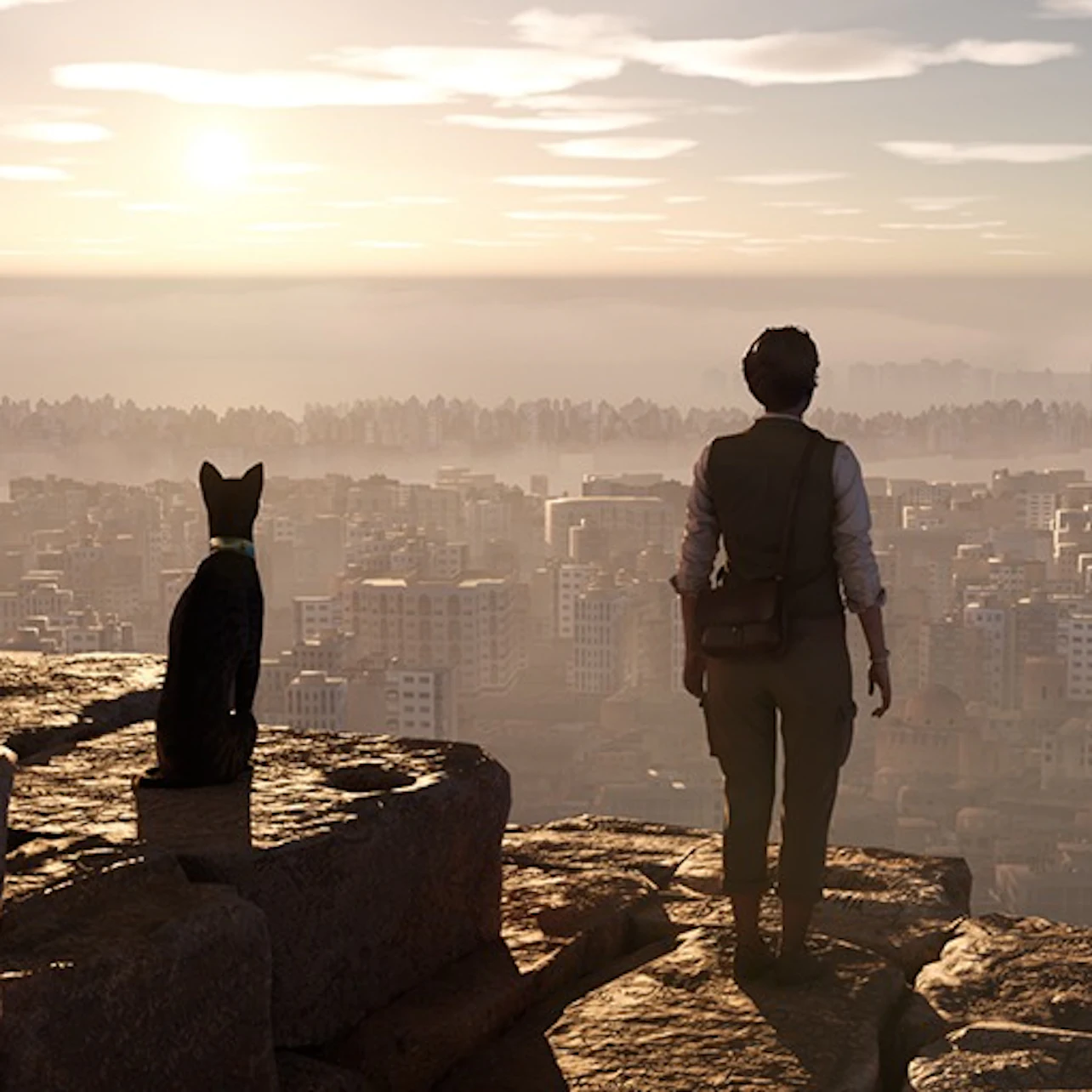 A person and a black cat sit on a cliff edge overlooking a sprawling cityscape during a sunset.