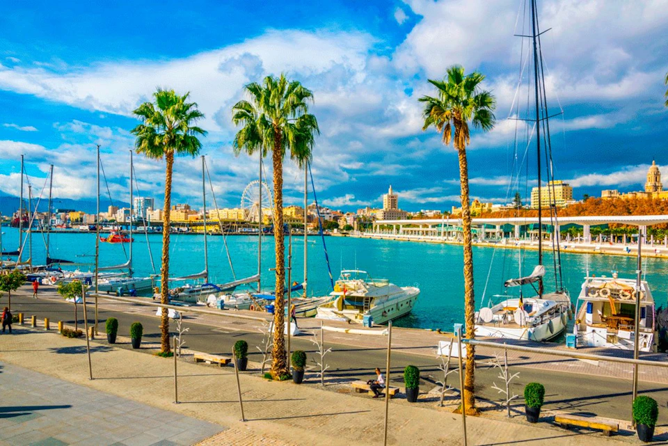 Scenic harbor with palm trees, docked boats, turquoise water, and a ferris wheel in the background under a partly cloudy sky.