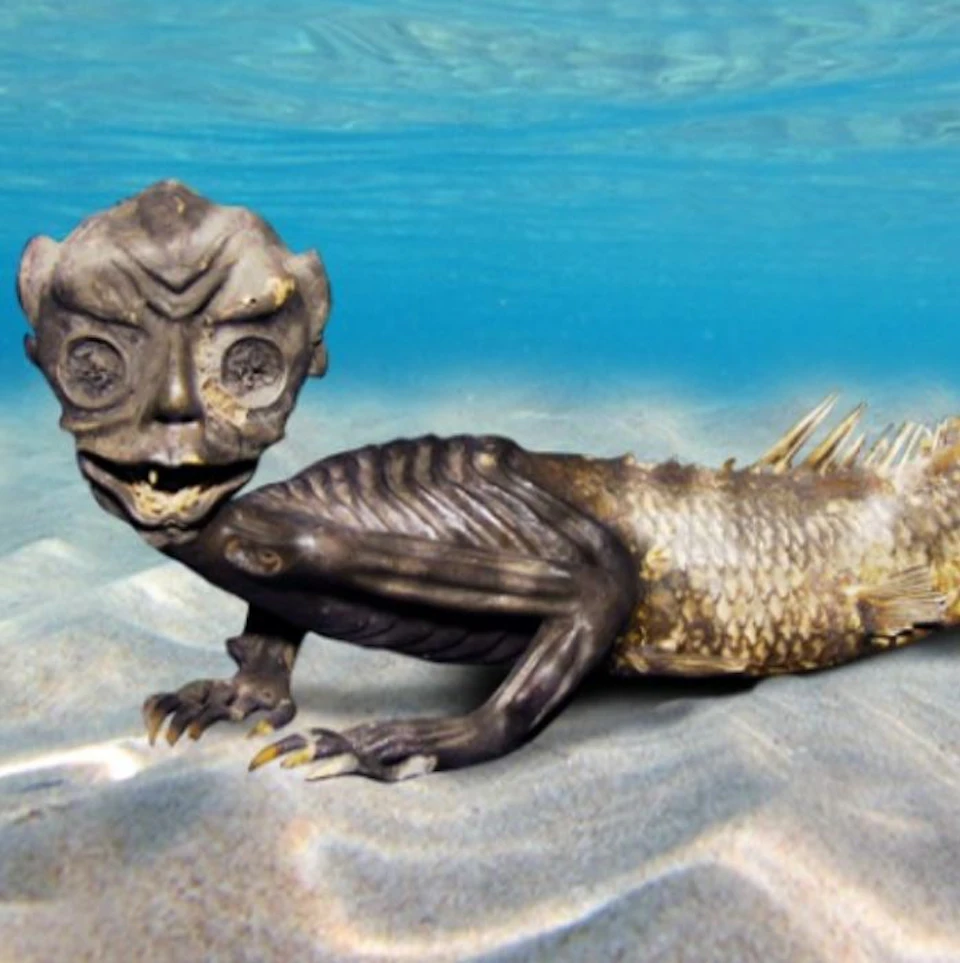 A strange, aquatic creature with a humanoid head and fish-like body rests on the sandy ocean floor under clear water.