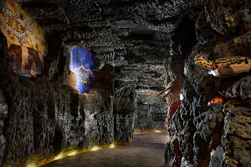 A dimly lit cave-like corridor with rugged walls and a colorful illuminated sign featuring a blue background and text.