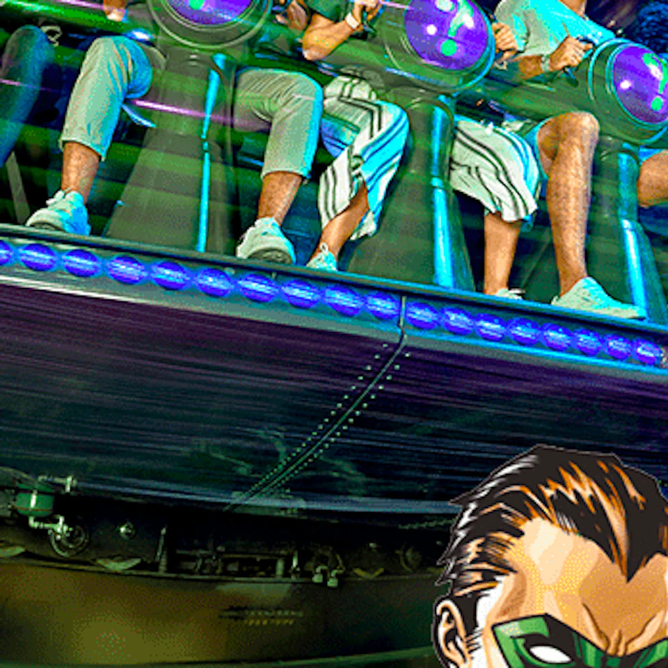 People riding a spinning amusement park ride. In the foreground, a cartoon character in a green suit holds a gold cane and hat.