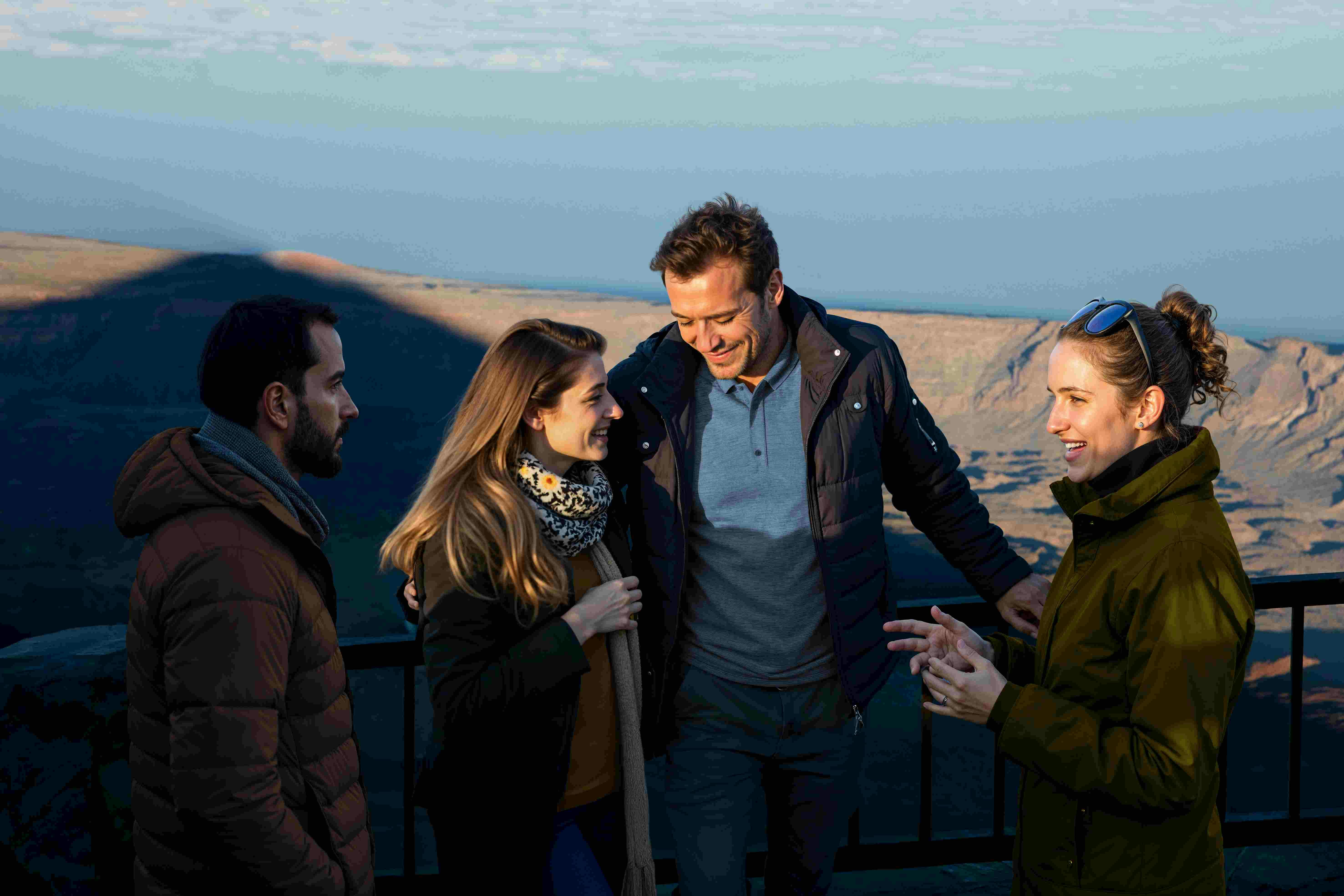 三个穿着夹克的人在栏杆附近交谈和微笑，俯瞰着部分多云的天空下风景优美的岩石景观。