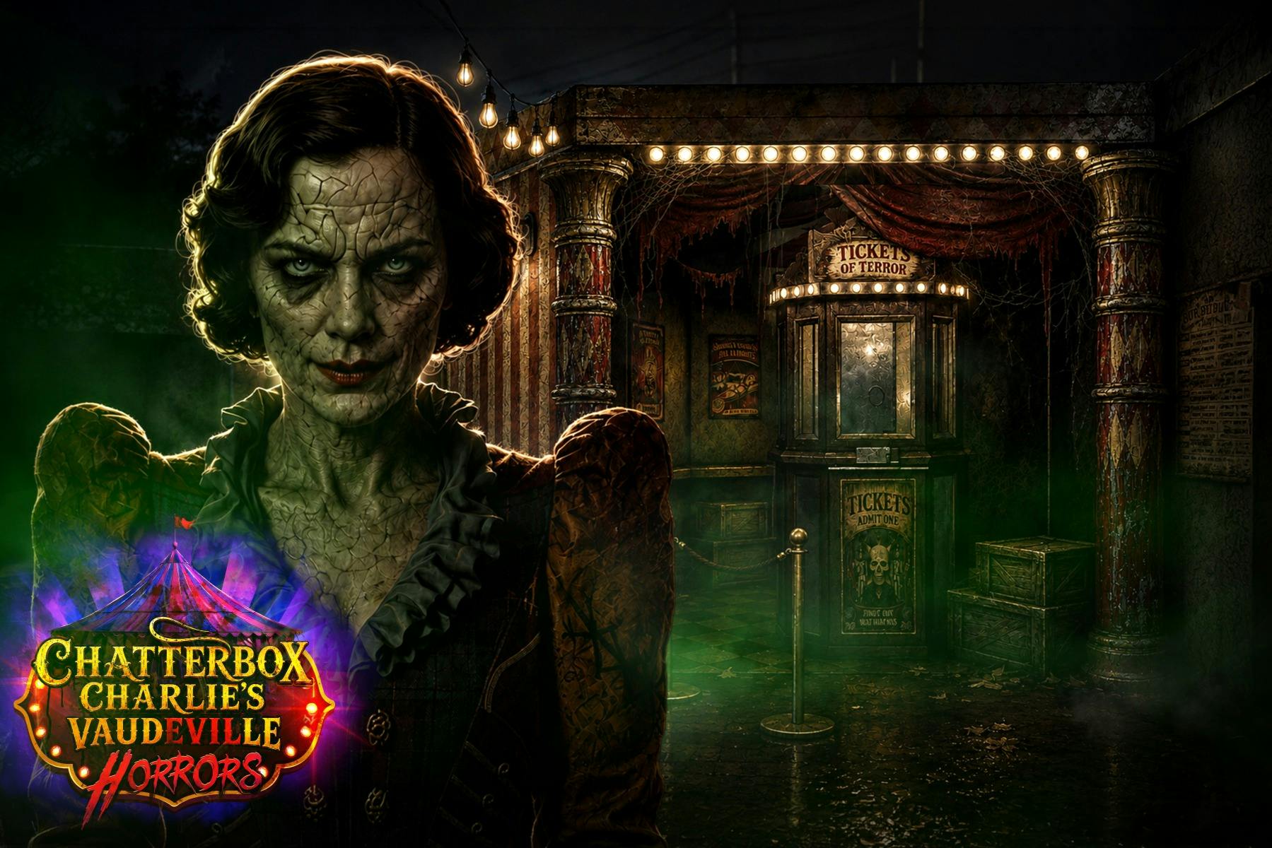 A sinister-looking woman in vintage attire stands in a dimly lit carnival setting with a horror-themed aesthetic.