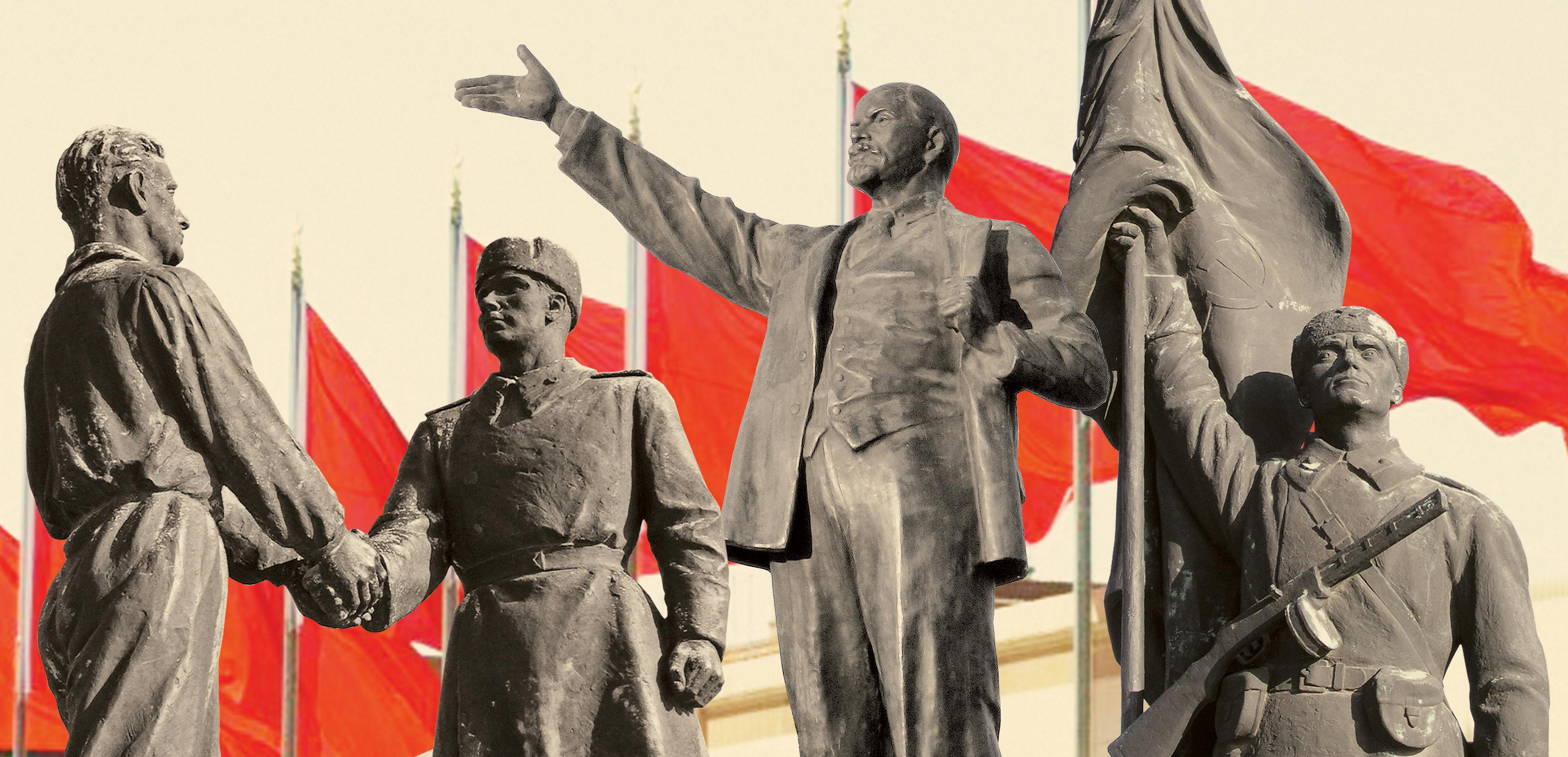 μοντάζ αγαλμάτων που εκτίθενται στο Memento Park