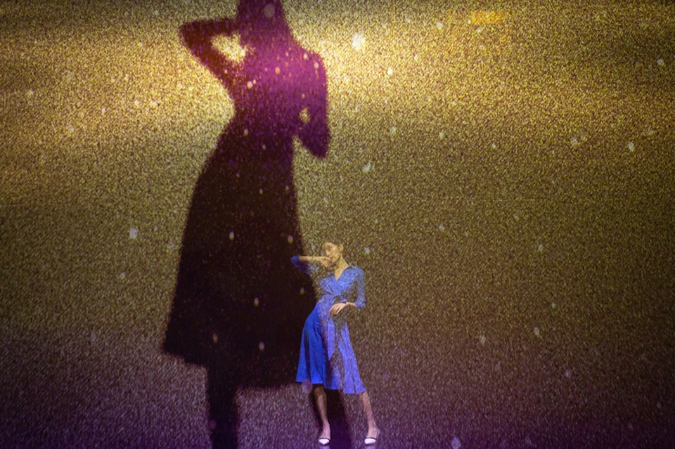 A person in a blue outfit poses in front of a textured, golden background with their shadow prominently visible.
