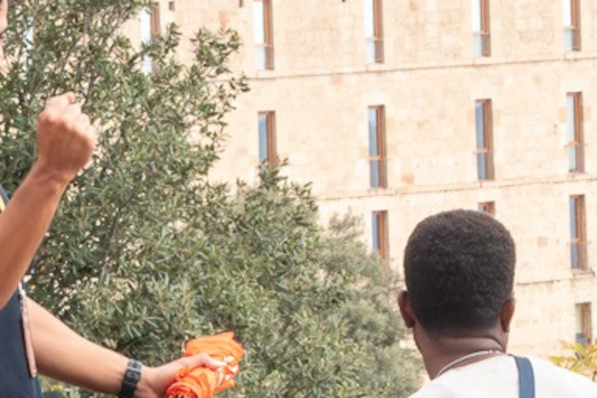 A tour guide gesturing enthusiastically while addressing a seated group of people outdoors with a building and trees in the background.