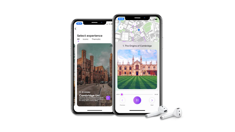 Two smartphones showing a tour guide app with Cambridge University images and descriptions. Earbuds are placed beside the phones.