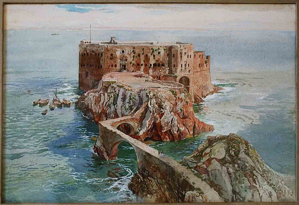 A seaside fortress sits atop a rocky cliff, connected by a stone bridge. Small boats float in the surrounding calm waters.