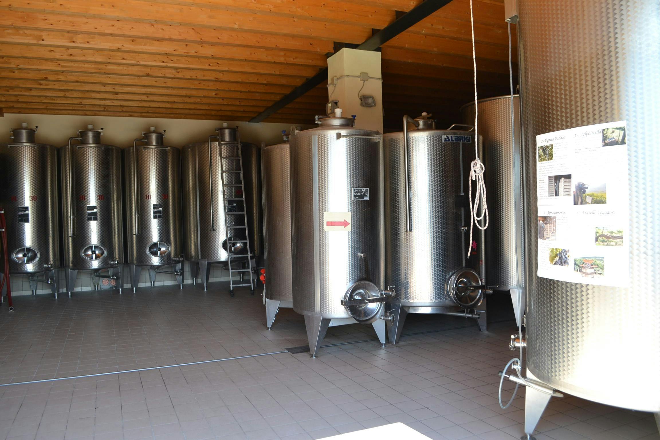 Una stanza con grandi vasche di fermentazione in acciaio inox utilizzate per la vinificazione, sotto un soffitto in legno.