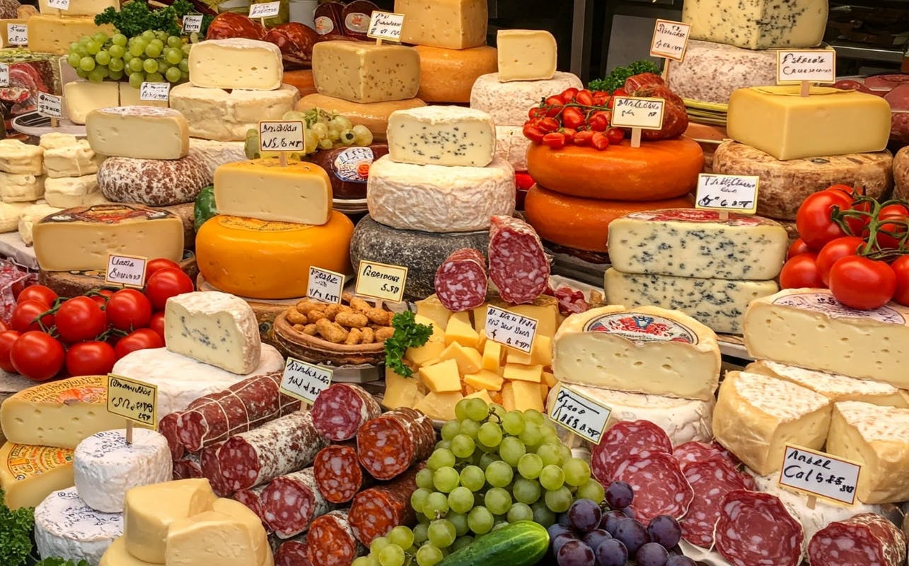 Assorted cheeses, salami, grapes, and vegetables displayed at a market with price tags on the cheeses.