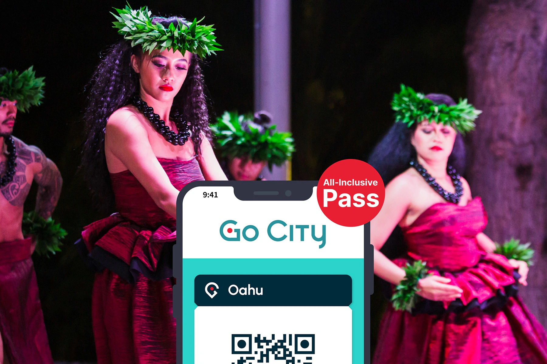 Go City Oahu pass on a smartphone with an image of a hawaiian dancers in the background