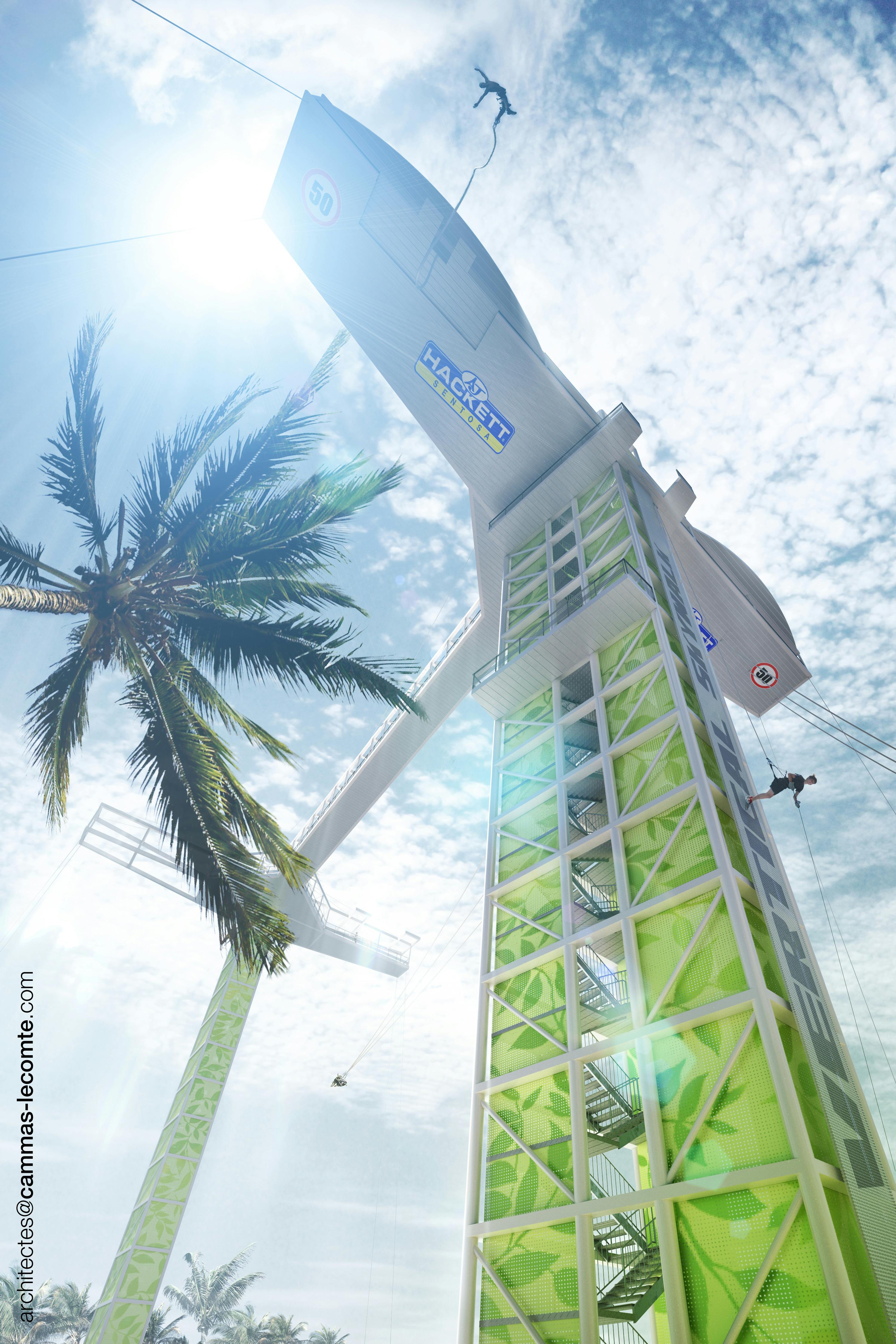 A person is bungee jumping from a tall tower with green geometric patterns, with a palm tree and a bright sun in the background.