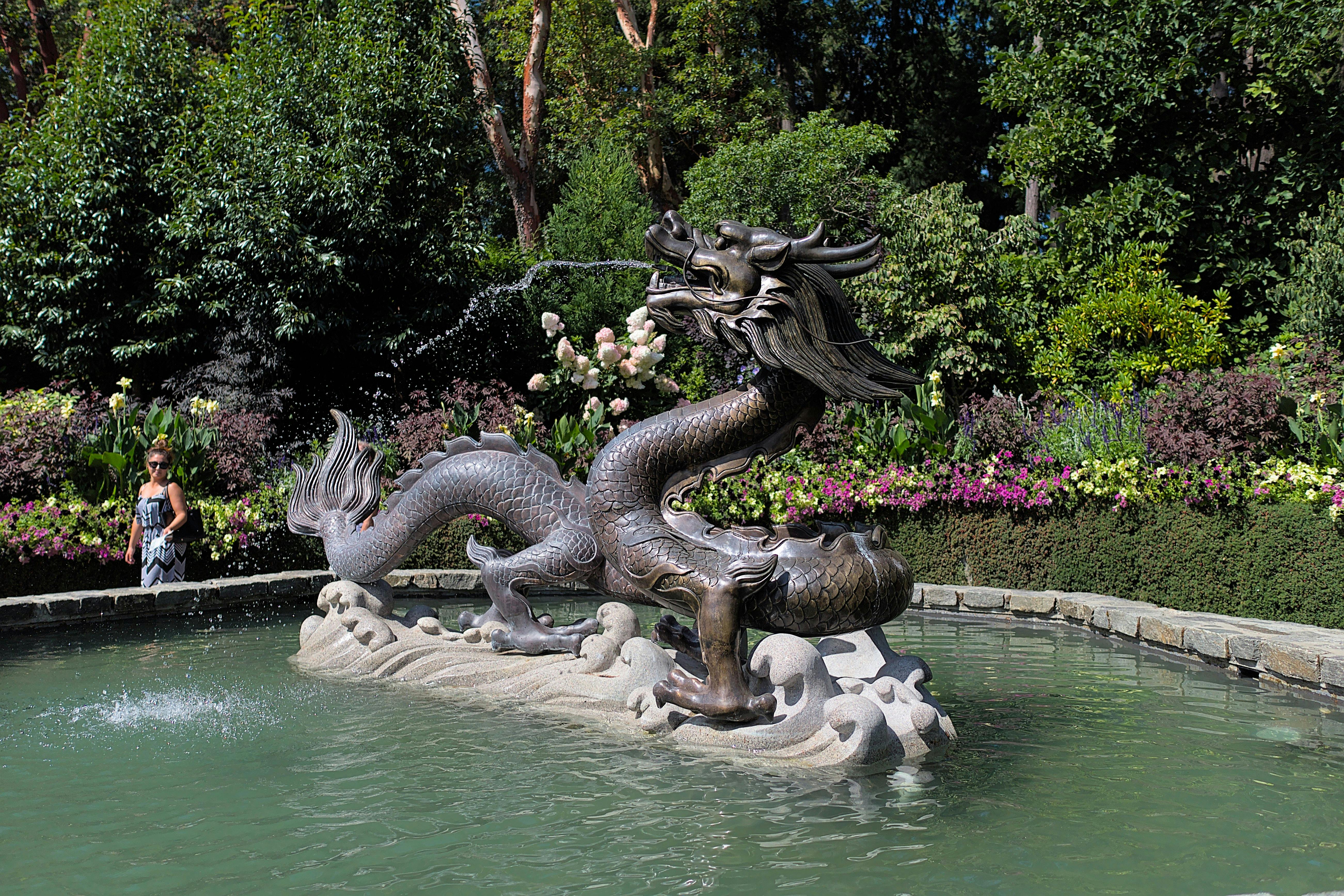 Χάλκινο άγαλμα δράκου σε μια μικρή λίμνη που περιβάλλεται από πλούσια βλάστηση και ανθισμένα φυτά σε έναν κήπο.