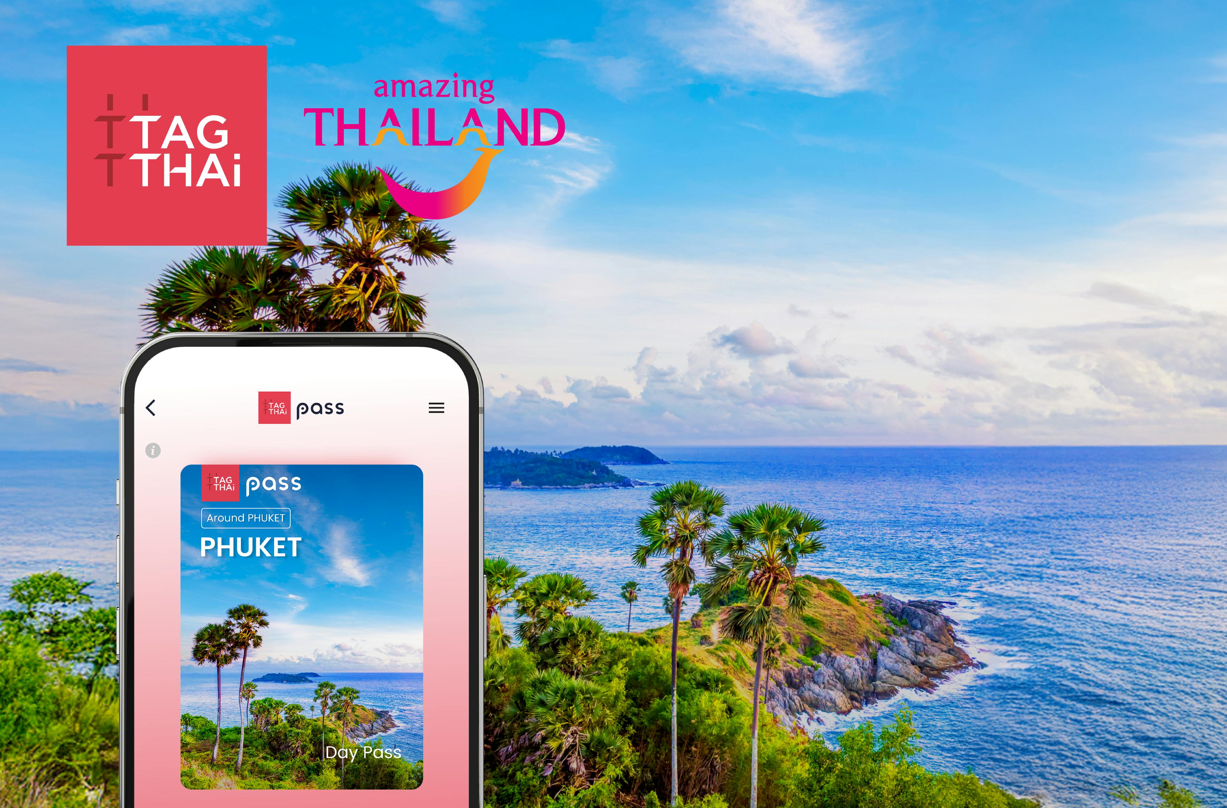 A smartphone showing a travel pass app on the left with a picturesque coastal landscape and "Amazing Thailand" text in the background.