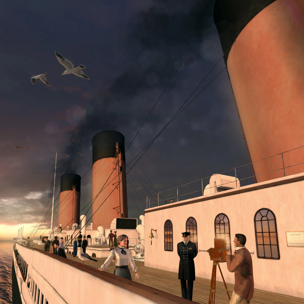 Passengers on the deck of a large ship with smokestacks, seagulls flying overhead, and a sunset in the background.