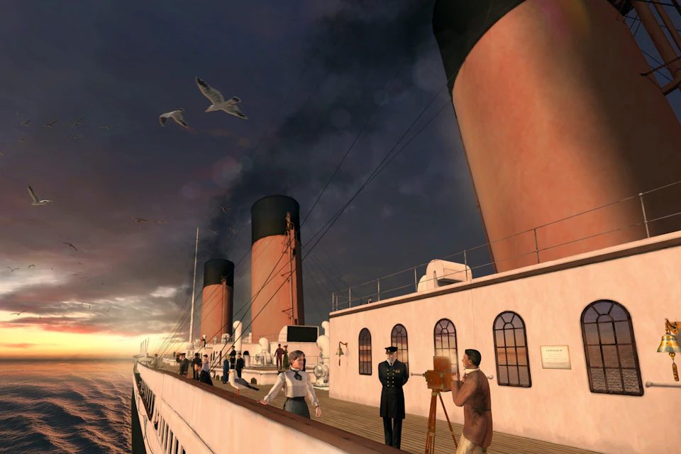 Passengers on the deck of a large ship with smokestacks, seagulls flying overhead, and a sunset in the background.