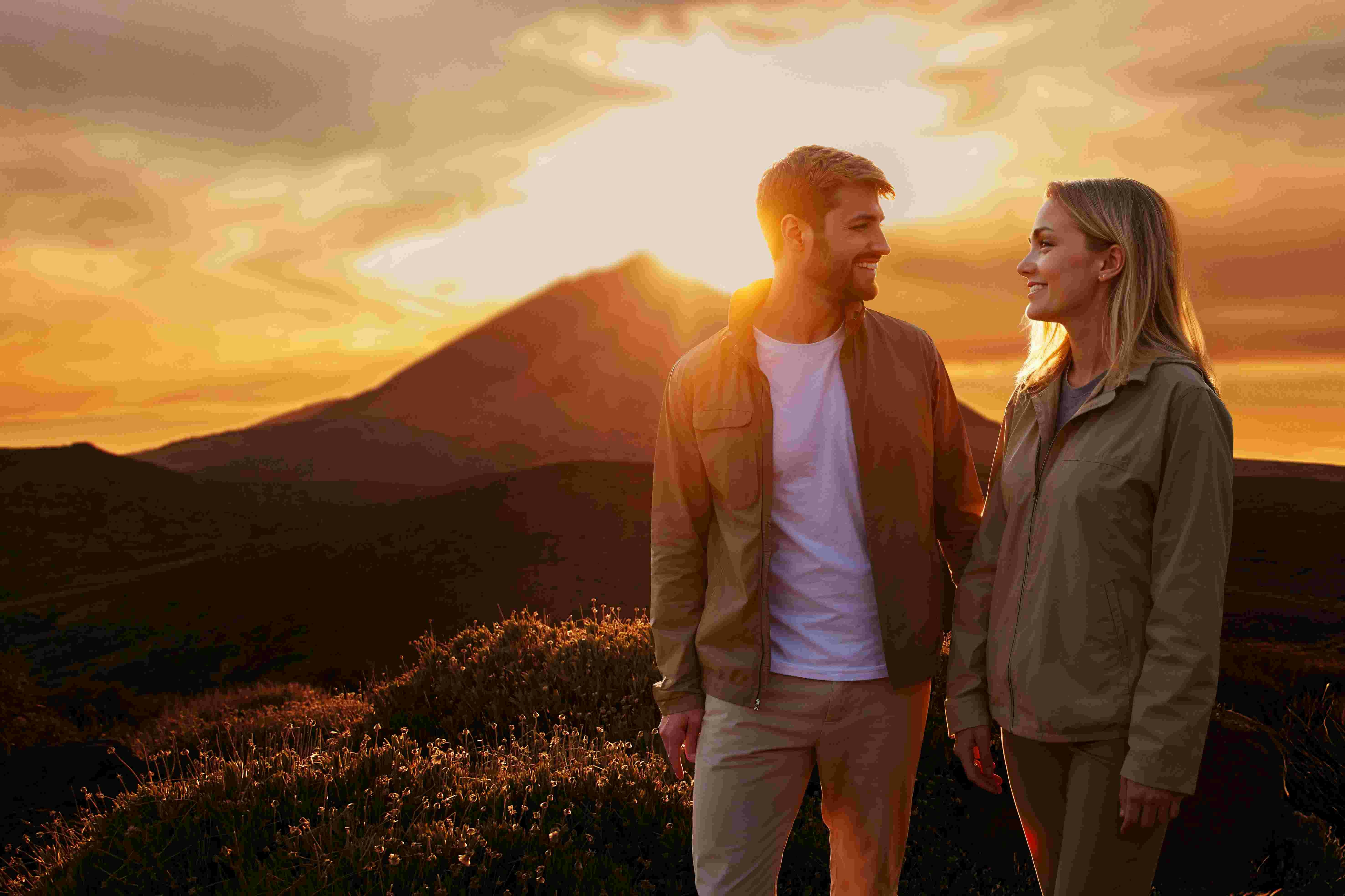 A man and a woman in light jackets stand outdoors at sunset, smiling at each other with mountains in the background.