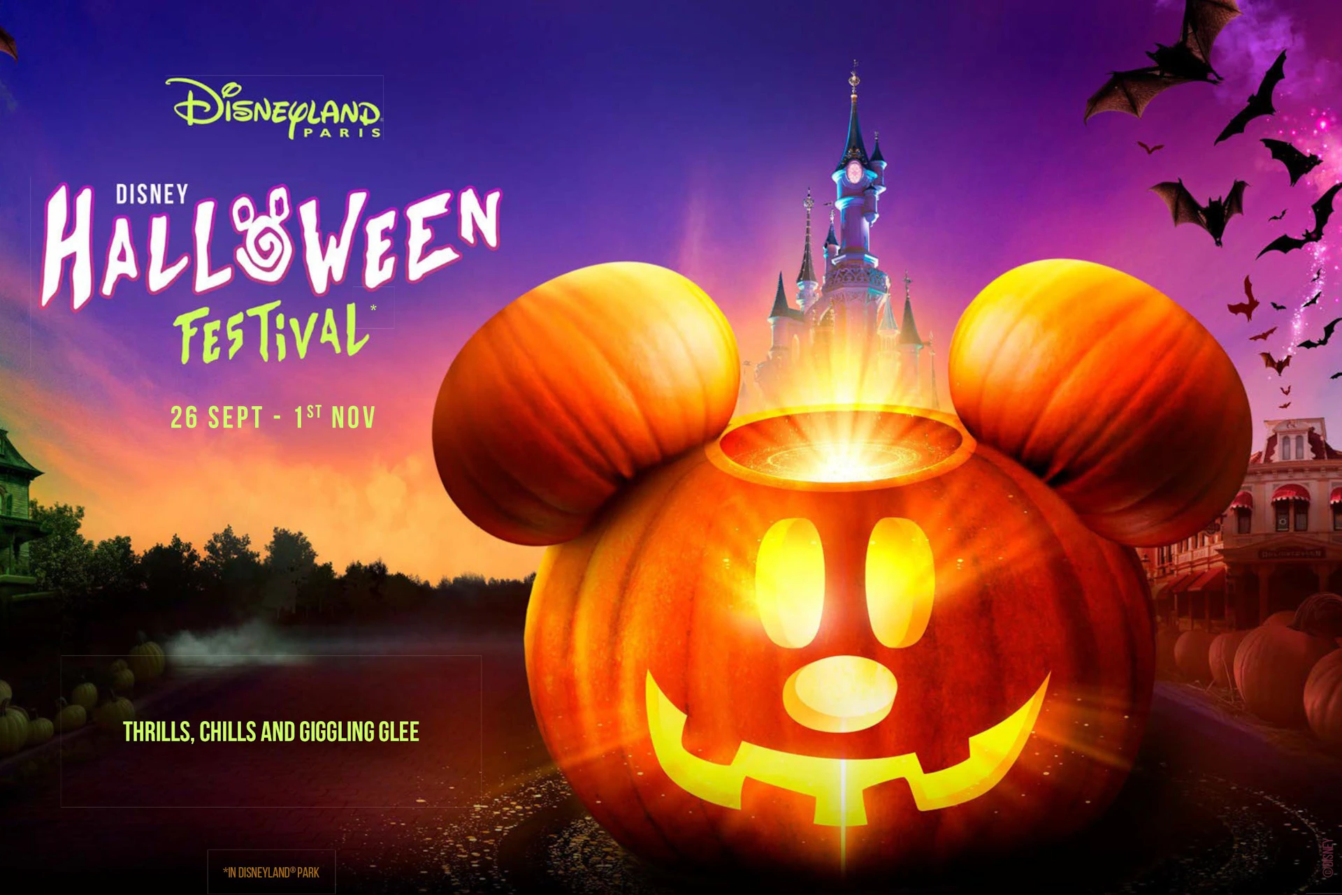 A glowing Mickey Mouse-shaped pumpkin with Disneyland Paris castle in the background, promoting a Halloween festival.