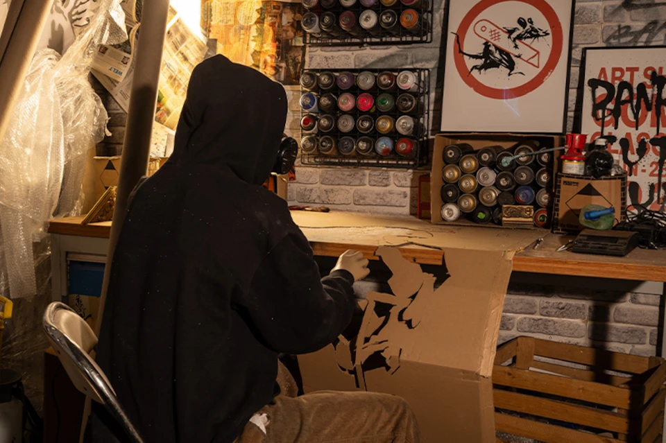 A person in a hoodie and mask works on a cardboard stencil in a studio with spray paint cans and art supplies.