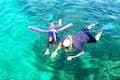 A father and child, continuing to snorkel, share a peaceful surface view while observing the underwater wonders together.