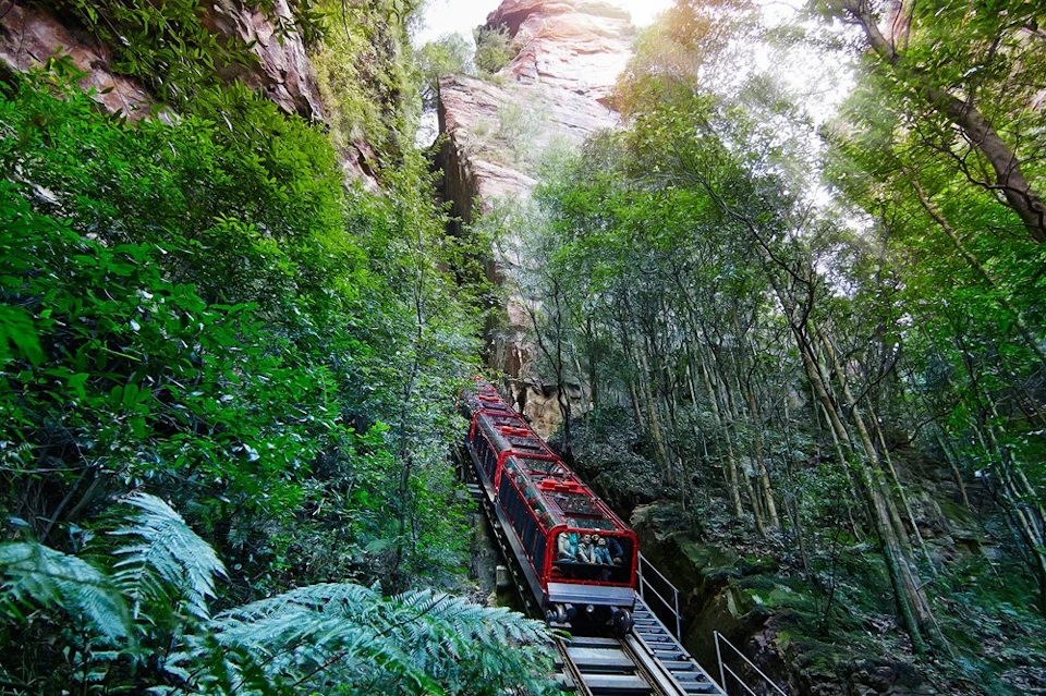 People enjoy the Scenic Railway, part of Scenic World in Katoomba, Blue Mountains